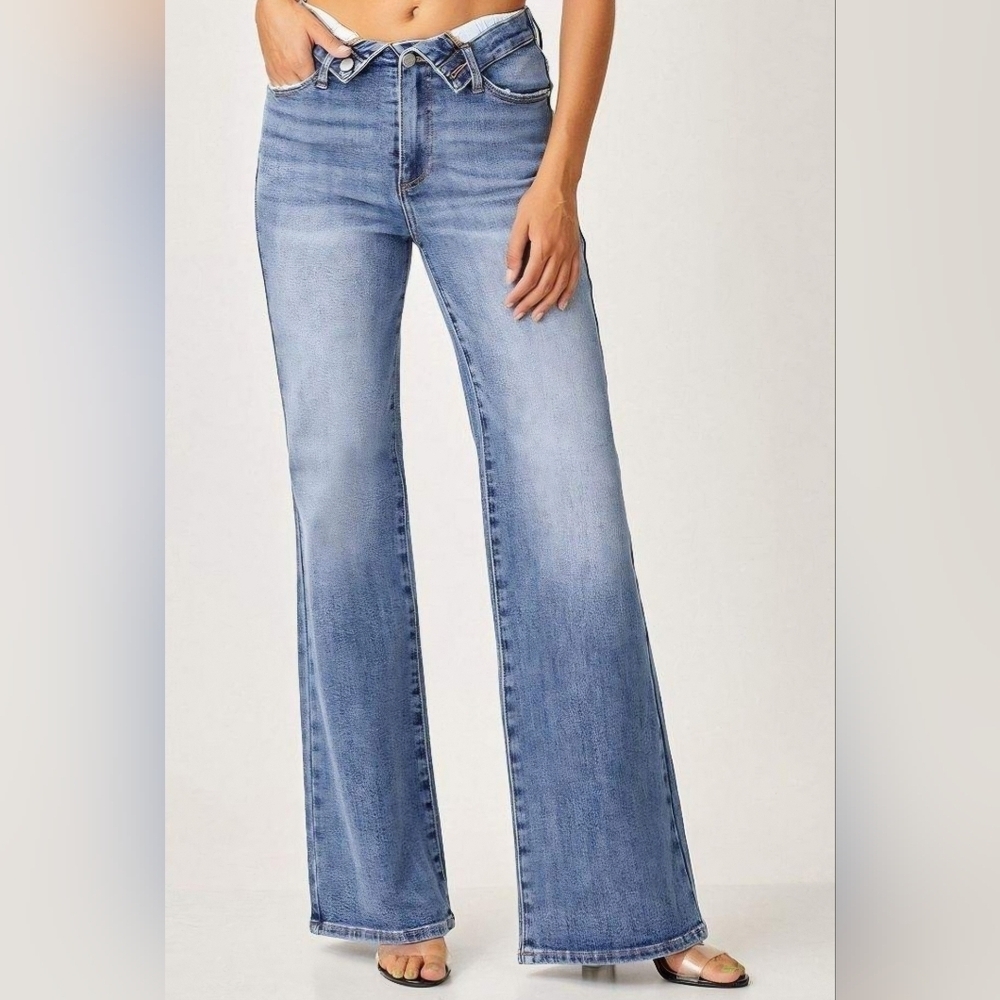 RISEN HR Medium Wash Slim Wide Leg Jeans Fold Over Stretch Classic 9/29 NEW - Picture 3 of 10